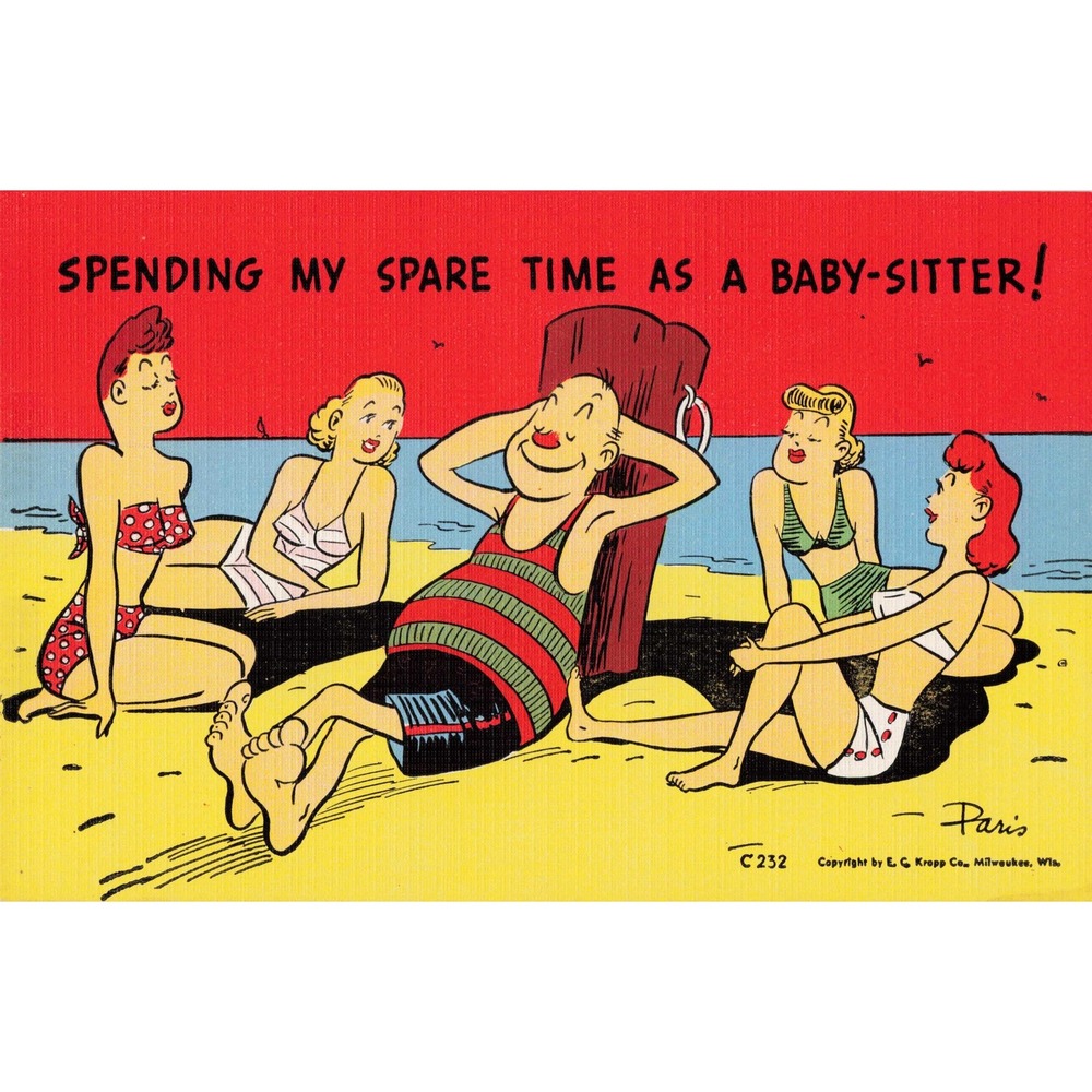 Bathing Beauty Risque Comic Linen Postcard EC Kropp Paris Artist Beach C232
